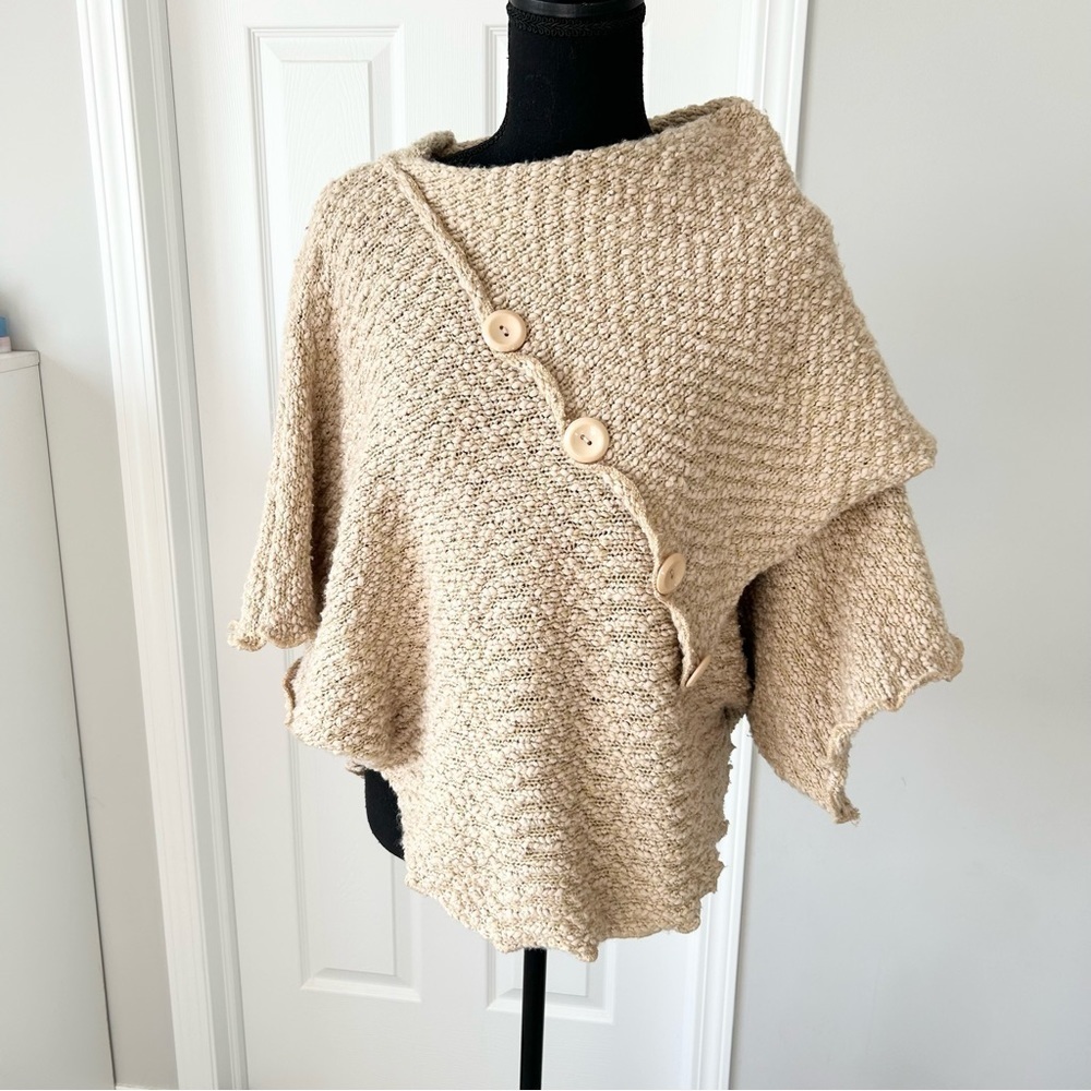 Papillon Soft Fuzzy Drape Collar Poncho Knit Cape in Tan - Picture 4 of 16